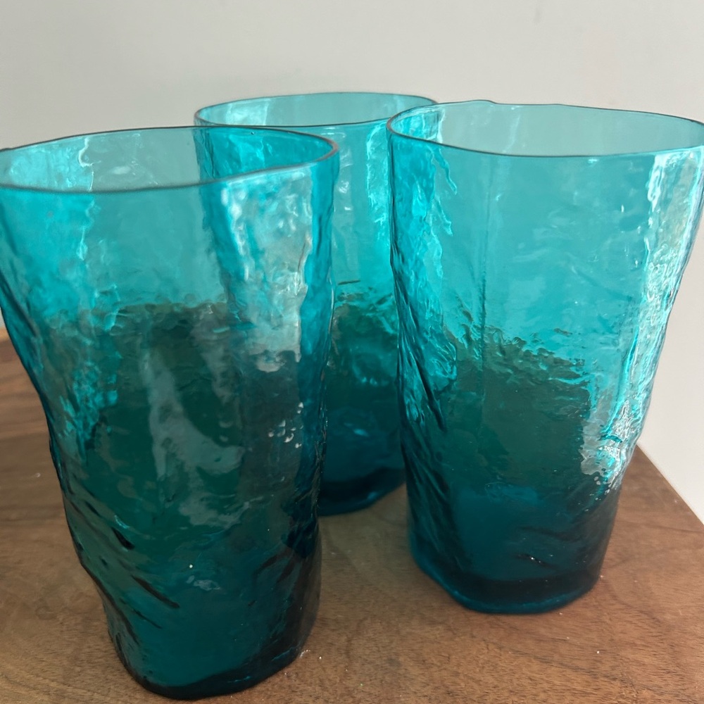 Set of 3 - Morgantown Crinkle Teal Blue driftwood textured glasses 5”H 12oz